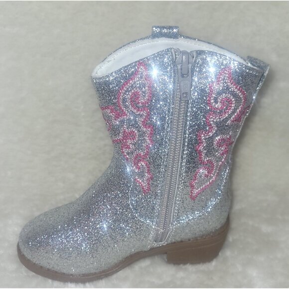 Cowboy Boots LITTLE KIDS Size US 9 Silver Pink detail Sparkle Glitter By Pawz - Picture 6 of 8